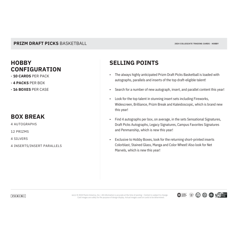 2024/25 Panini Prizm Draft Picks Collegiate Basketball Hobby 16 Box Case