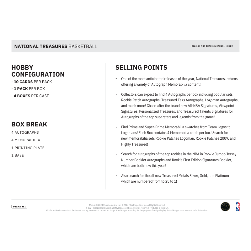 2023/24 Panini National Treasures Basketball Hobby 4 Box Case